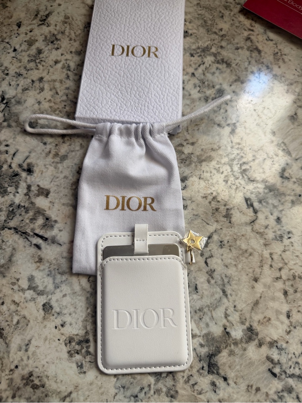 Dior White Leather Card Holder with Gold Star Charm